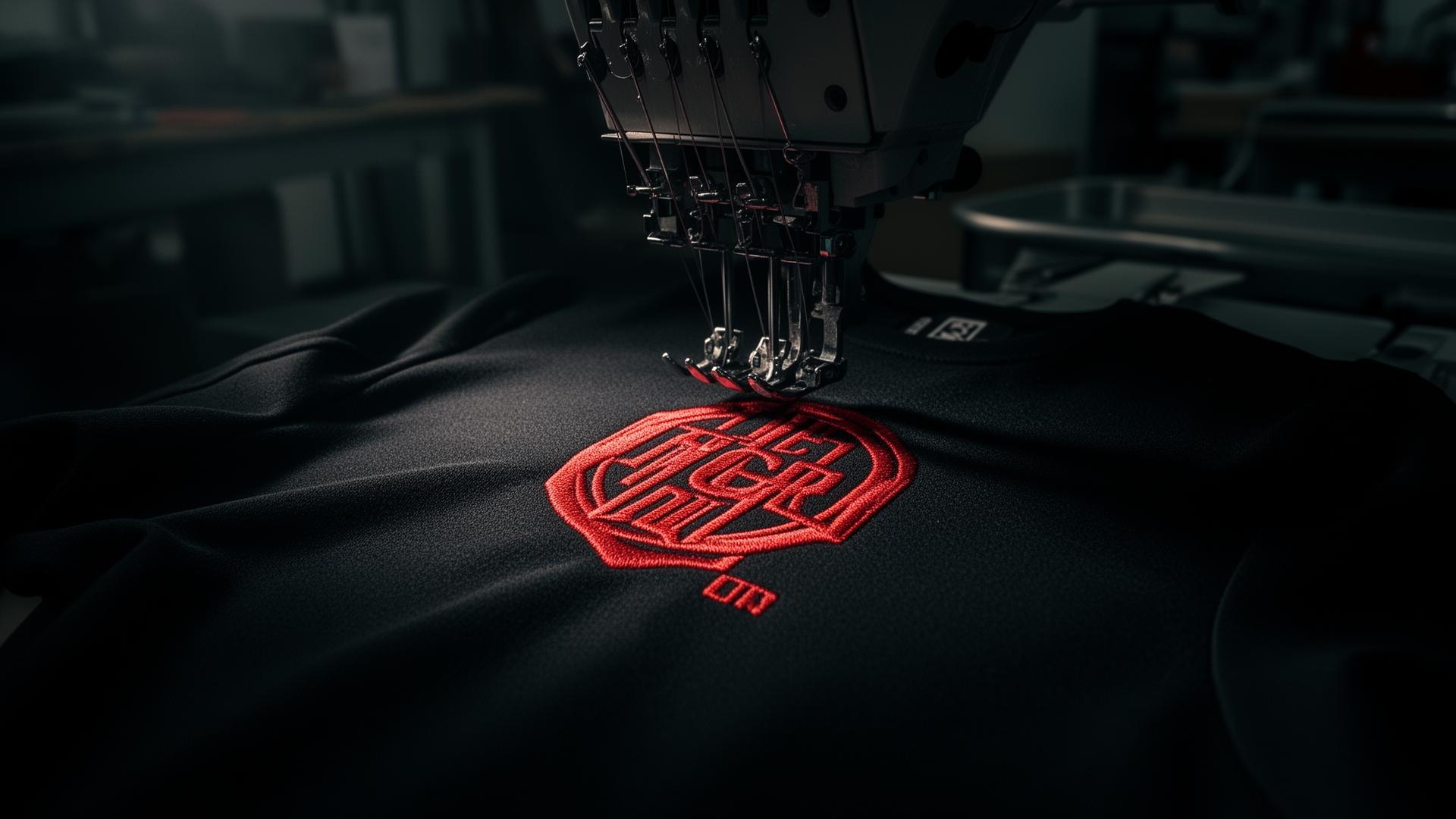 Embroidery machine stitching a custom red logo onto black apparel